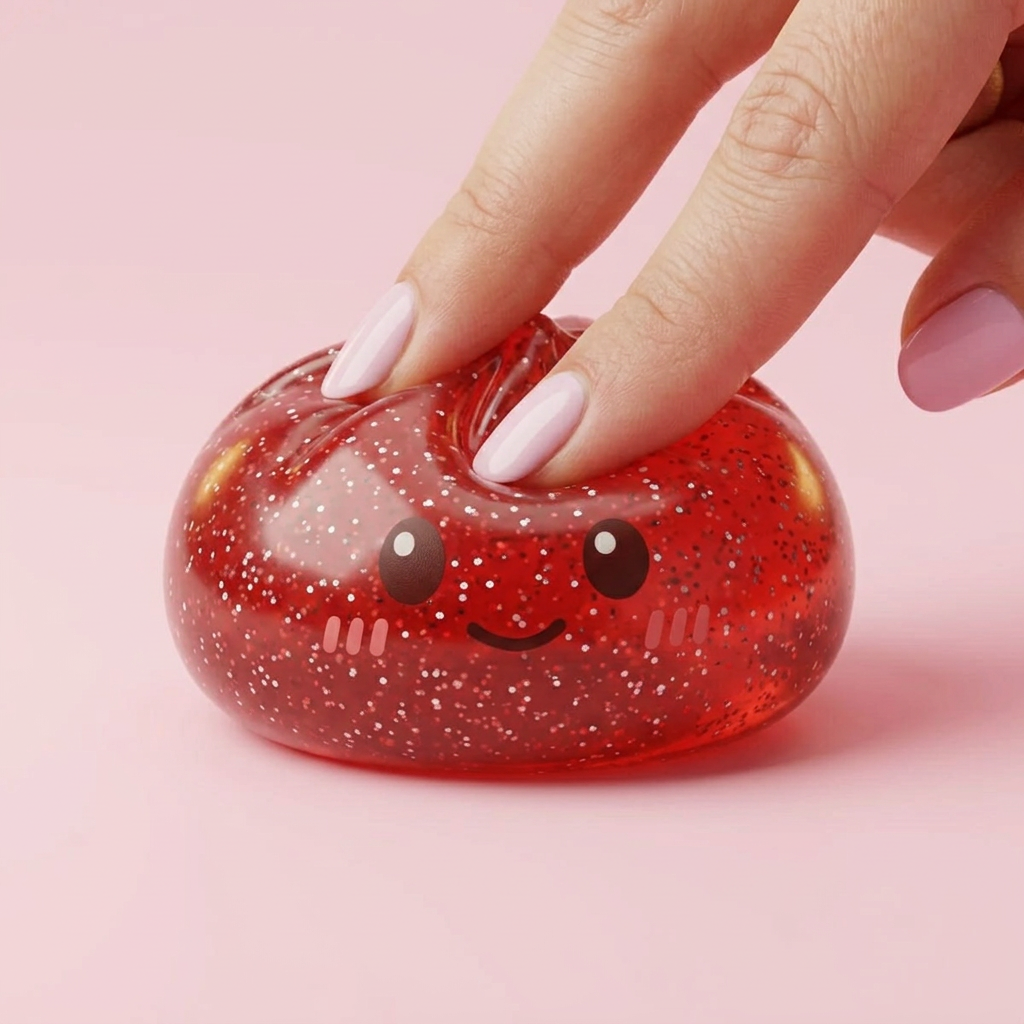Glitter Dumpling Squishy Punainen Onni puristettuna kädessä, squishy-materiaali