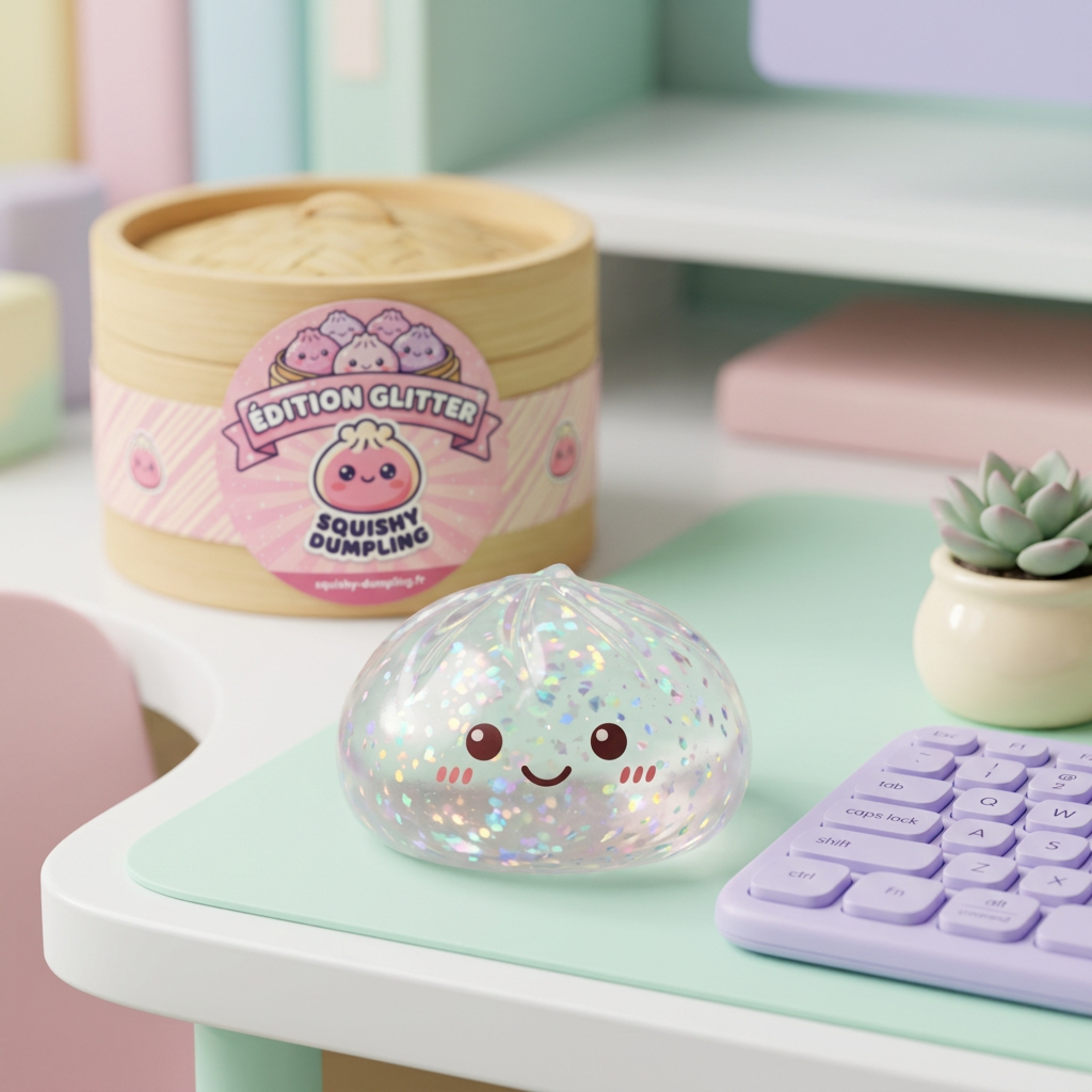 Glitter Dumpling Squishy Hopea tunnelmakuvassa työpöydällä