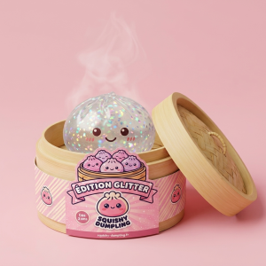 Glitter Dumpling Squishy Hopea bambutyylisessä höyrykorirasiassaan