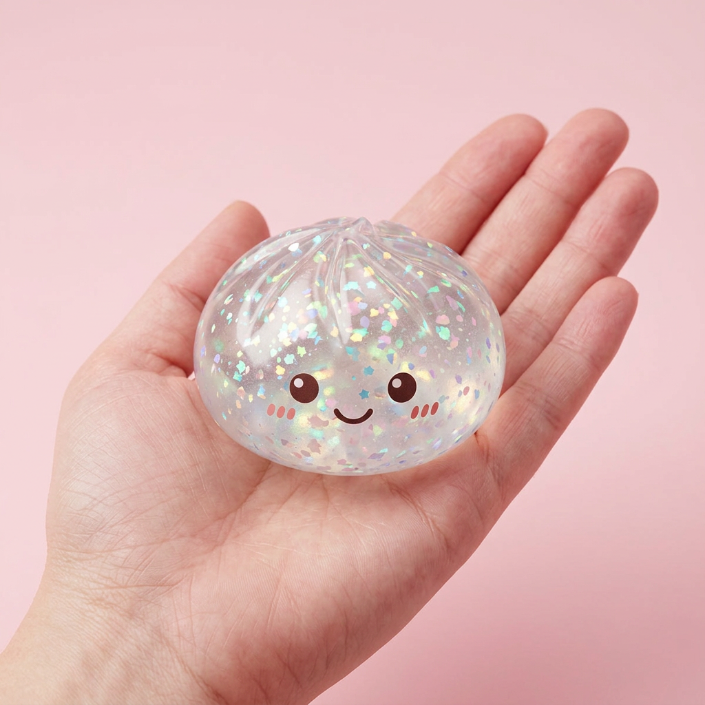 Glitter Dumpling Squishy Hopea kädessä, todellinen koko