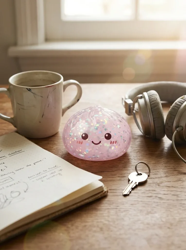 Glitter Dumpling Squishy Hopea työpöydällä — asiakaskuva