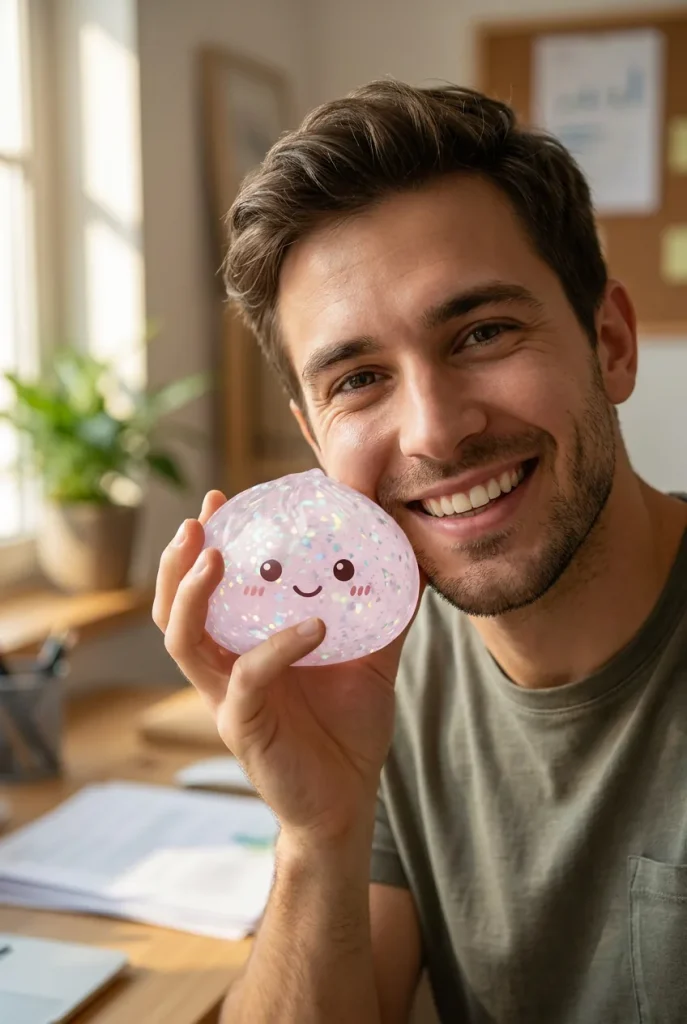 Glitter Dumpling Squishy Hopea kasvojen lähellä — asiakaskuva