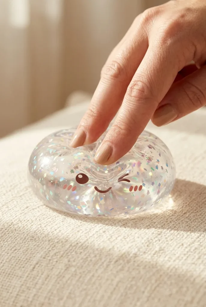 Glitter Dumpling Squishy Hopea sormien välissä — asiakaskuva