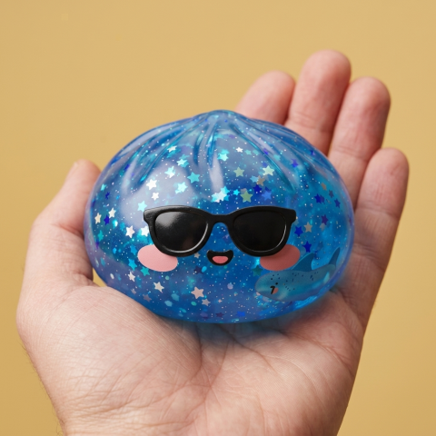 Squishy Dumpling Aurinkolasit Sparkle kädessä — kokovertailu