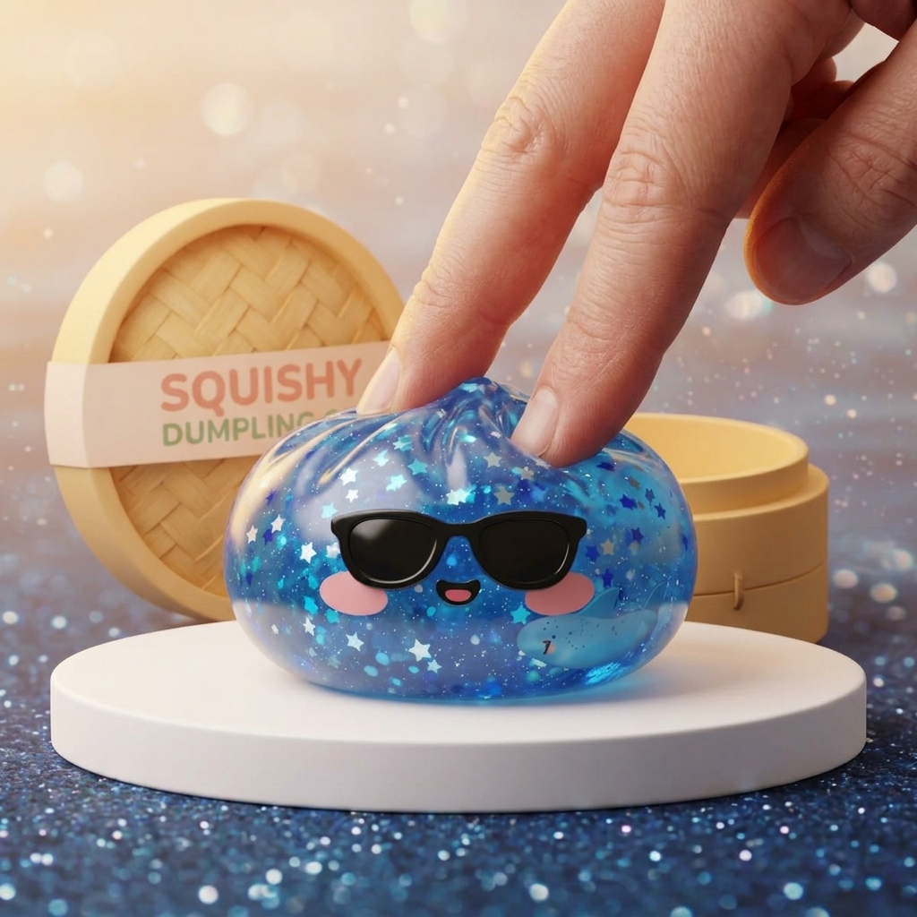 Squishy Dumpling Aurinkolasit Sparkle puristettuna kädessä