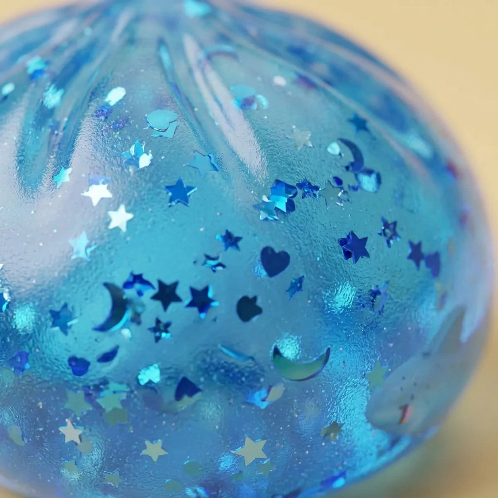 Squishy Dumpling Aurinkolasit Sparkle makrokuva vaahdon pinnasta