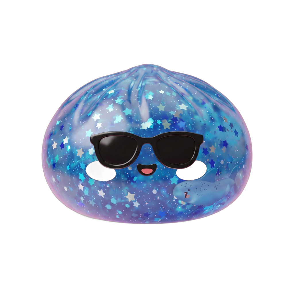 Squishy Dumpling Aurinkolasit Sparkle puristettuna kädessä