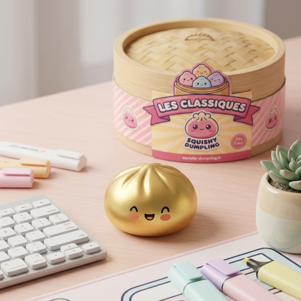 Dumpling Squishy Gold Lucky tunnelmakuvassa työpöydällä