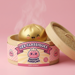 Dumpling Squishy Gold Lucky bambutyylisessä höyrykorirasiassaan
