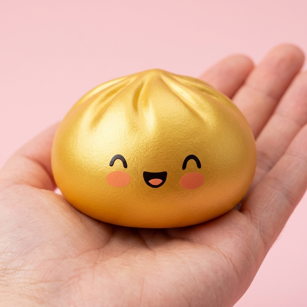 Dumpling Squishy Gold Lucky kädessä, todellinen koko