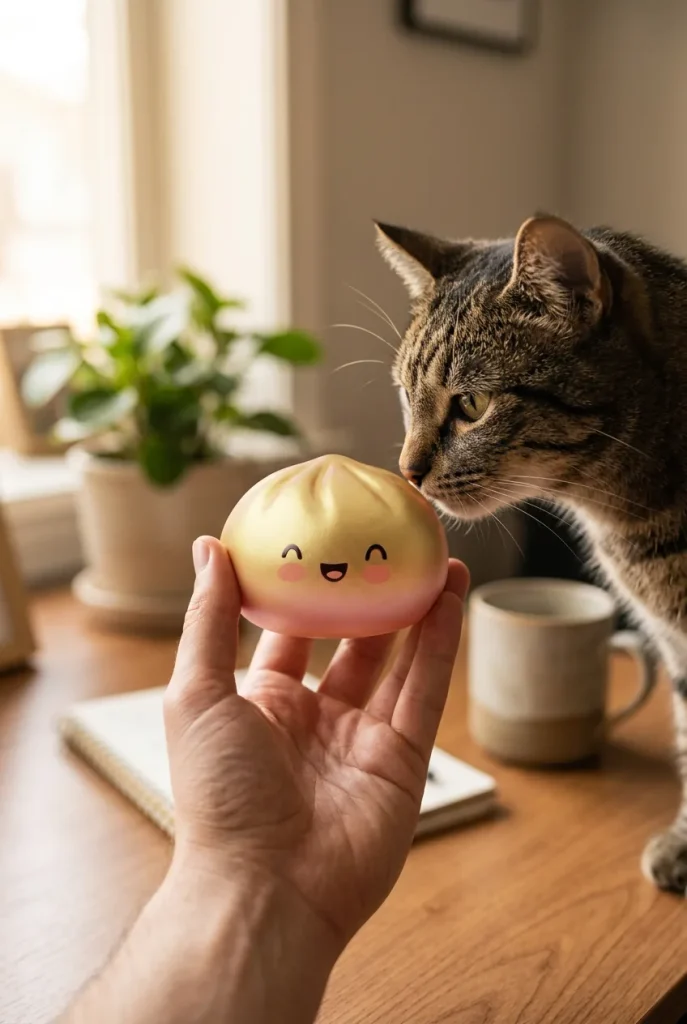 Dumpling Squishy Gold Lucky ja lemmikki — asiakaskuva