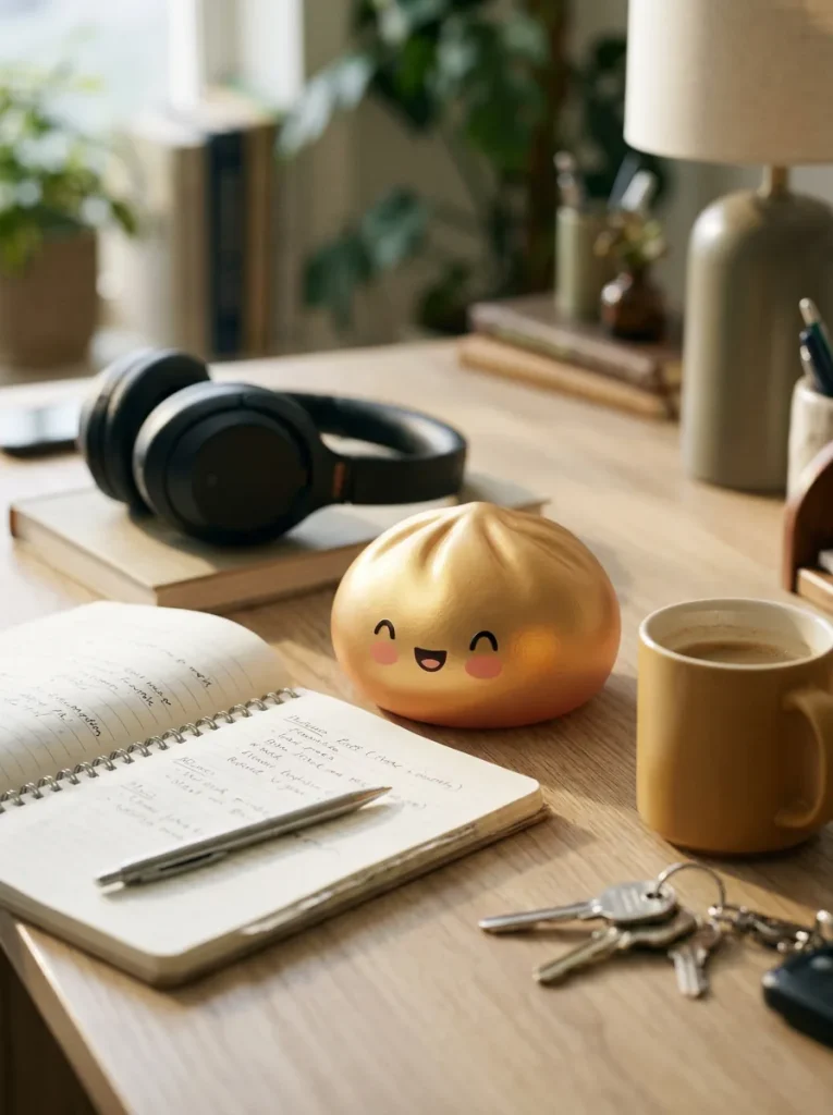 Dumpling Squishy Gold Lucky työpöydällä — asiakaskuva