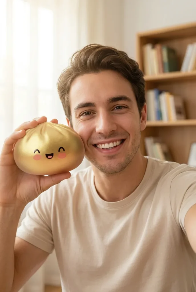Dumpling Squishy Gold Lucky kasvojen lähellä — asiakaskuva