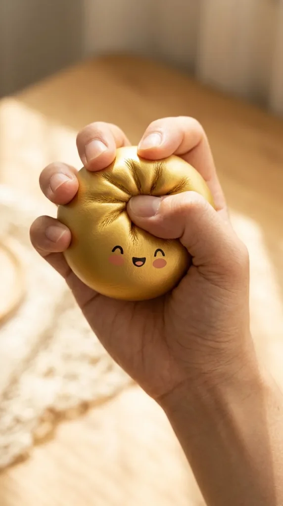 Dumpling Squishy Gold Lucky sormien välissä — asiakaskuva