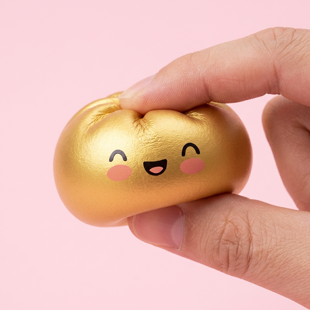 Dumpling Squishy Gold Lucky puristettuna kädessä, squishy-materiaali