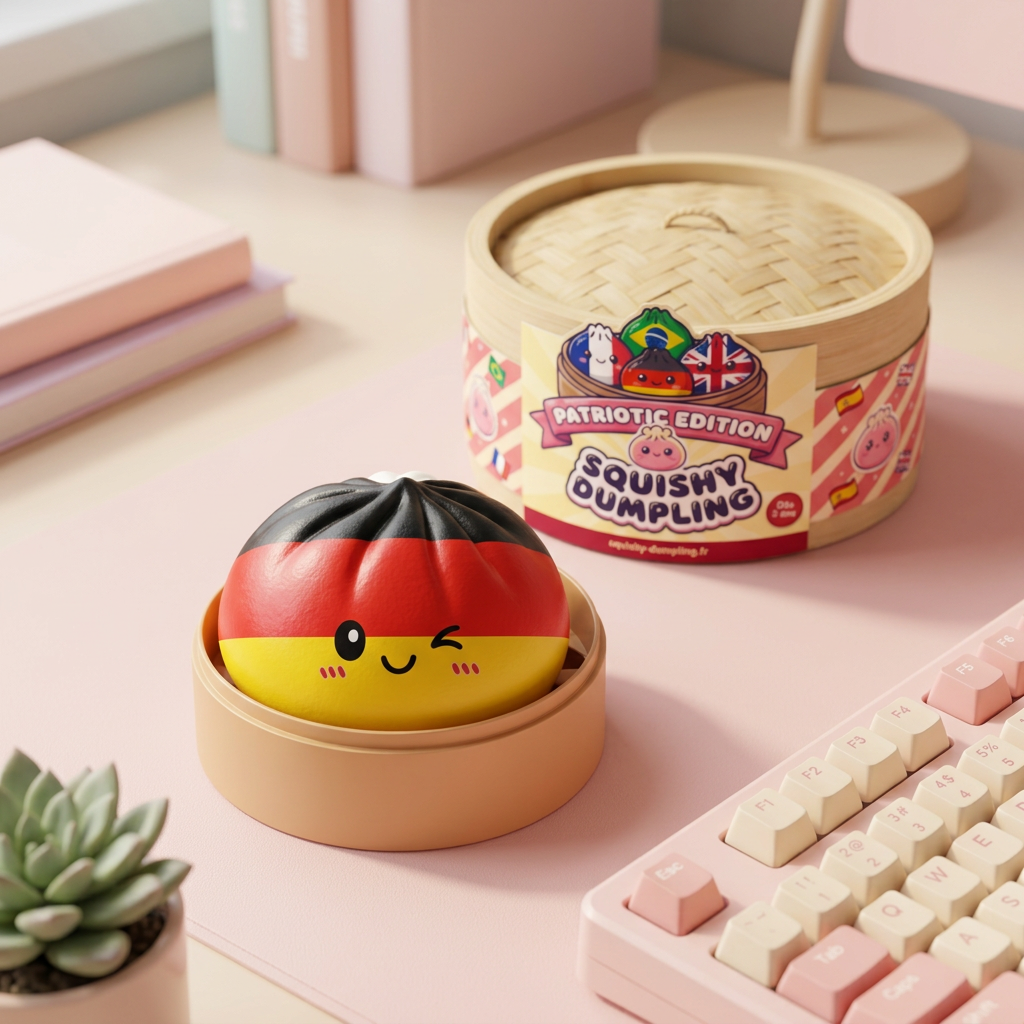 Saksan Lippu Flag Squishy Toy Dumpling tunnelmakuvassa työpöydällä
