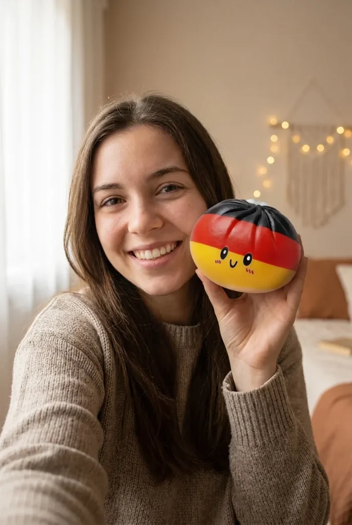 Saksan Lippu Flag Squishy Toy Dumpling kasvojen lähellä — asiakaskuva