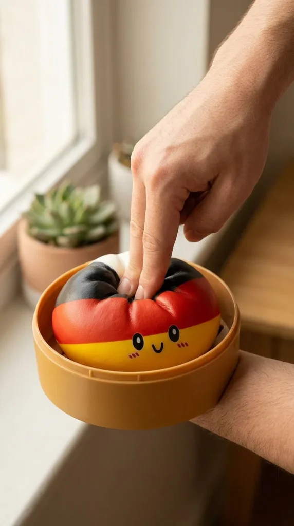 Saksan Lippu Flag Squishy Toy Dumpling sormien välissä — asiakaskuva
