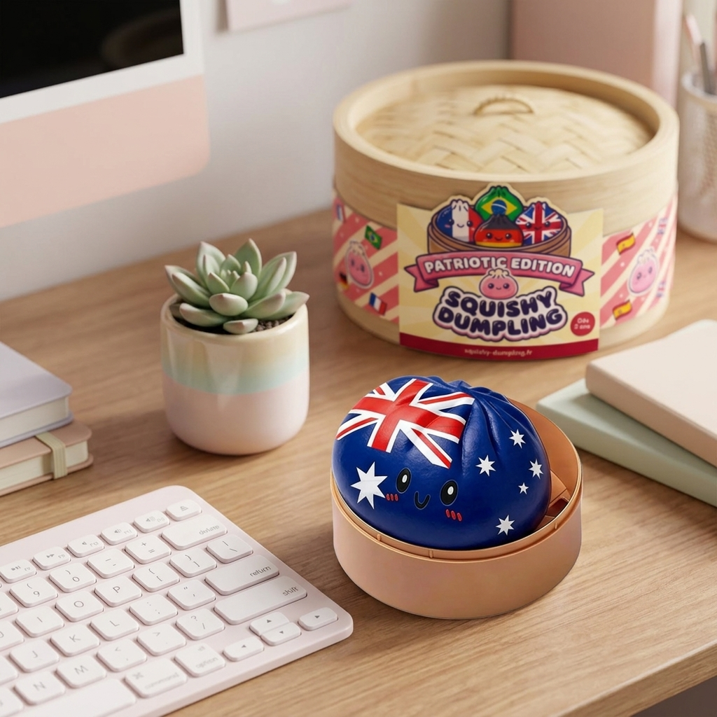 Flag Squishy Dumpling Australia -lippumotiivi tunnelmakuvassa työpöydällä