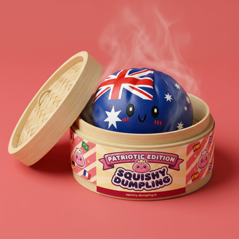 Flag Squishy Dumpling Australia -lippumotiivi bambutyylisessä höyrykorirasiassaan