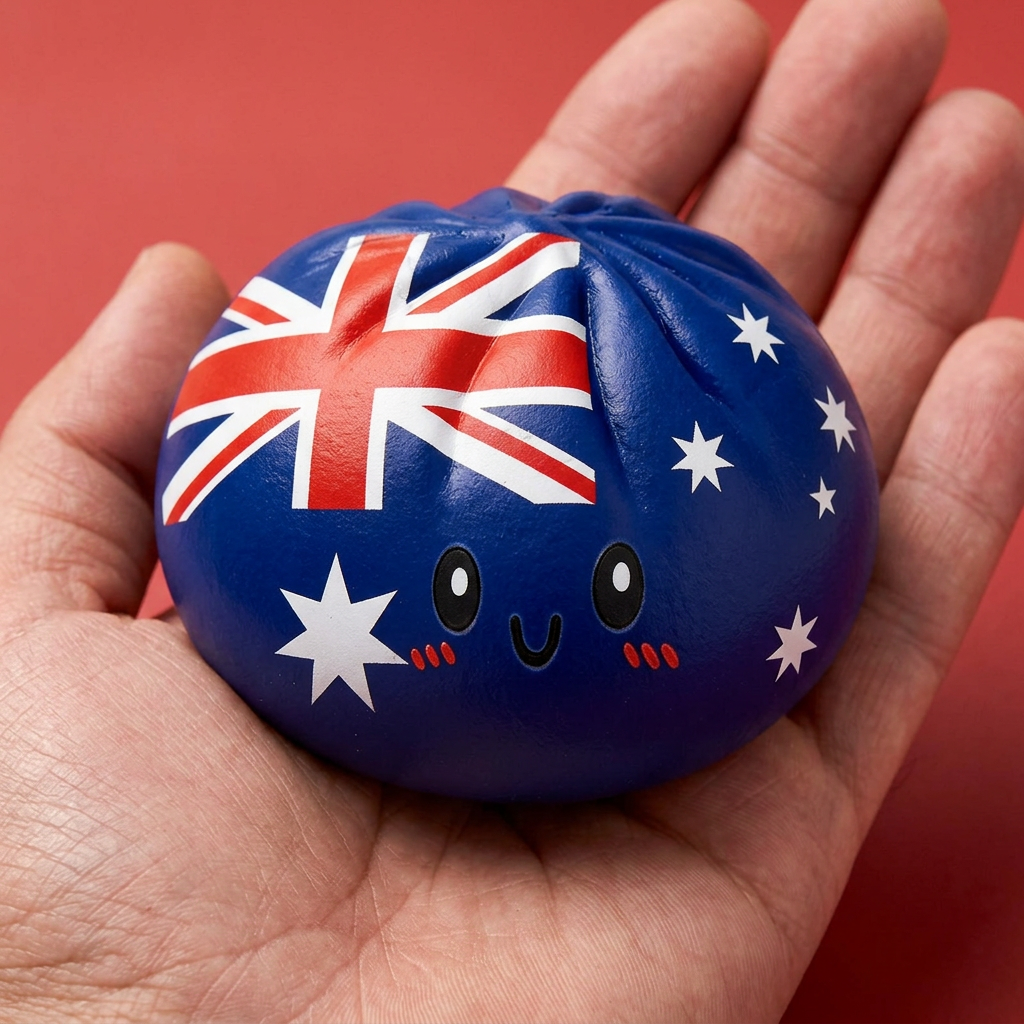 Flag Squishy Dumpling Australia -lippumotiivi kädessä, todellinen koko
