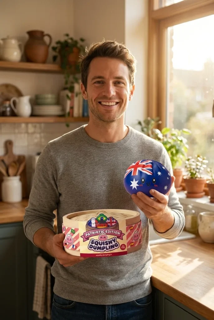 Flag Squishy Dumpling Australia -lippumotiivi ja bambutyylinen höyrykori — asiakaskuva