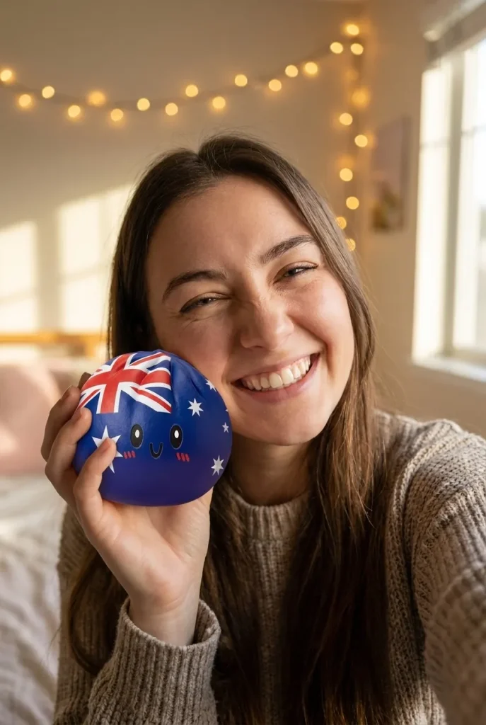 Flag Squishy Dumpling Australia -lippumotiivi kasvojen lähellä — asiakaskuva