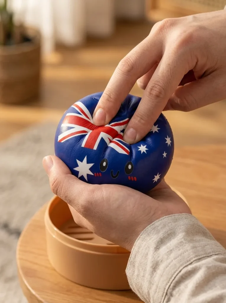 Flag Squishy Dumpling Australia -lippumotiivi sormien välissä — asiakaskuva