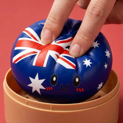 Flag Squishy Dumpling Australia -lippumotiivi puristettuna kädessä, squishy-materiaali