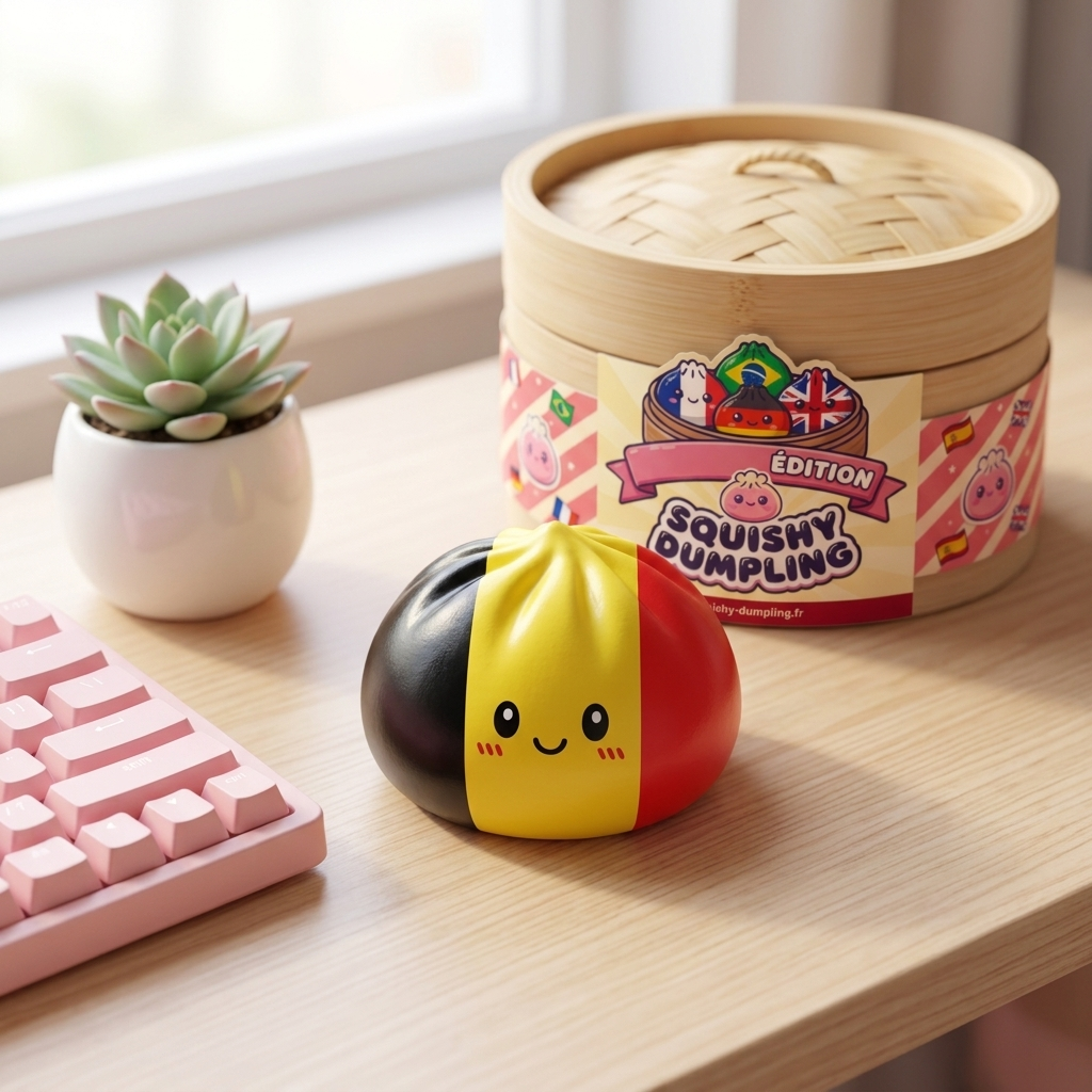 Squishy Dumpling Flag Belgia tunnelmakuvassa työpöydällä