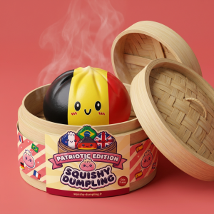 Squishy Dumpling Flag Belgia bambutyylisessä höyrykorirasiassaan