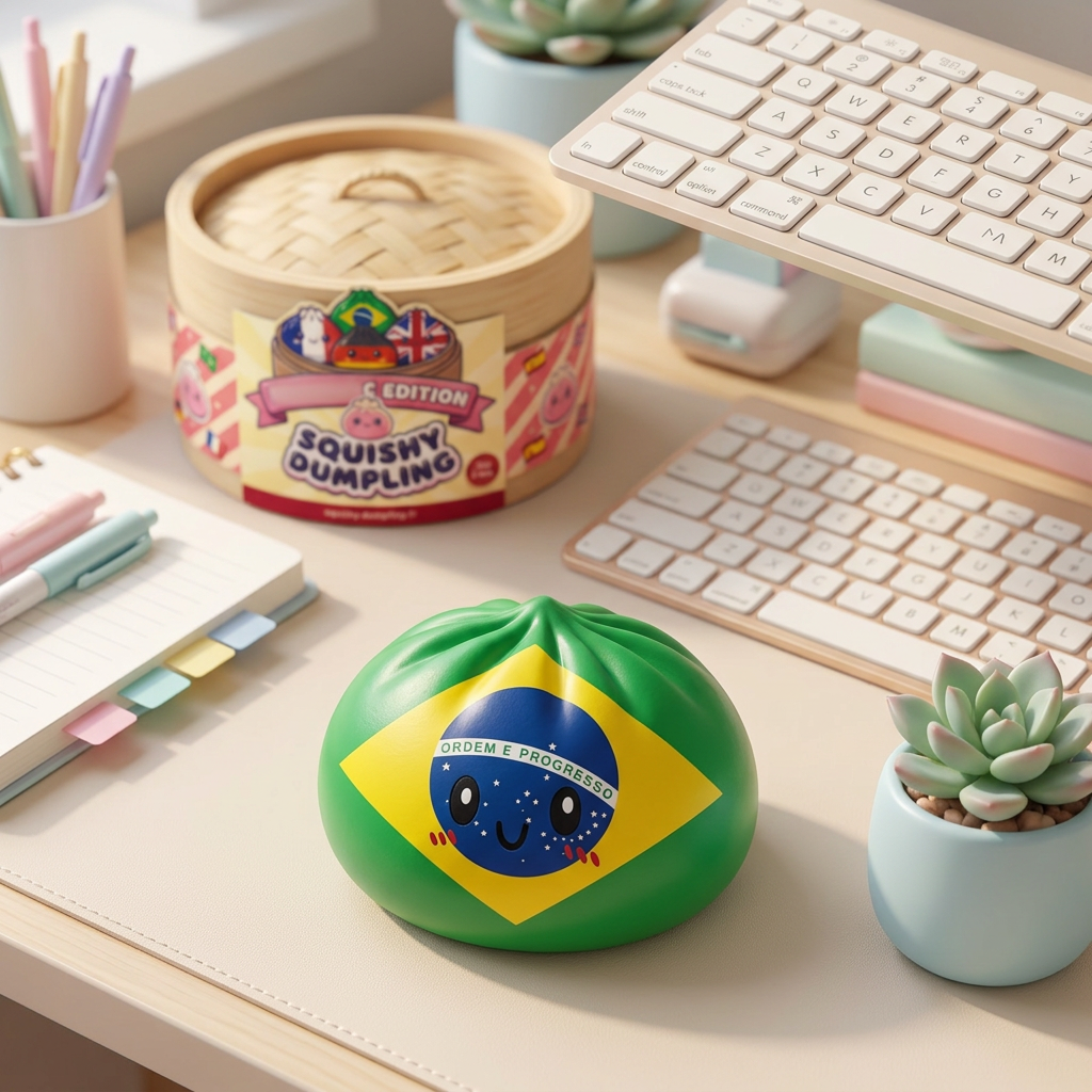 Dumpling Squishy Flag Brasilia tunnelmakuvassa työpöydällä