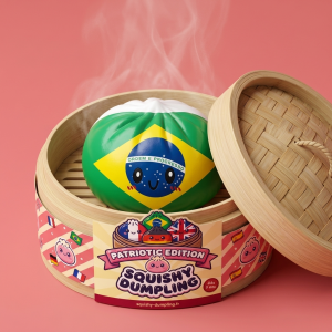 Dumpling Squishy Flag Brasilia bambutyylisessä höyrykorirasiassaan