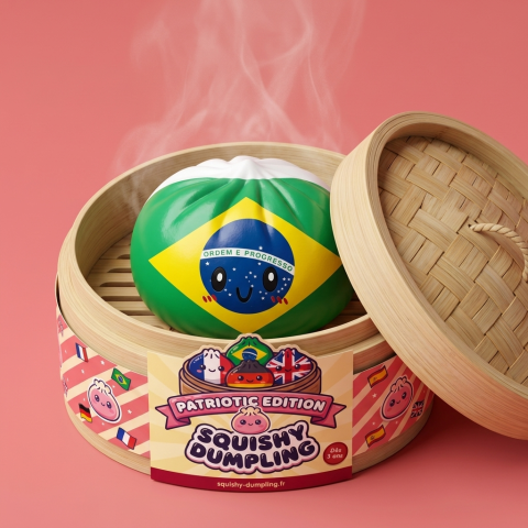 Dumpling Squishy Flag Brasilia bambutyylisessä höyrykorirasiassaan