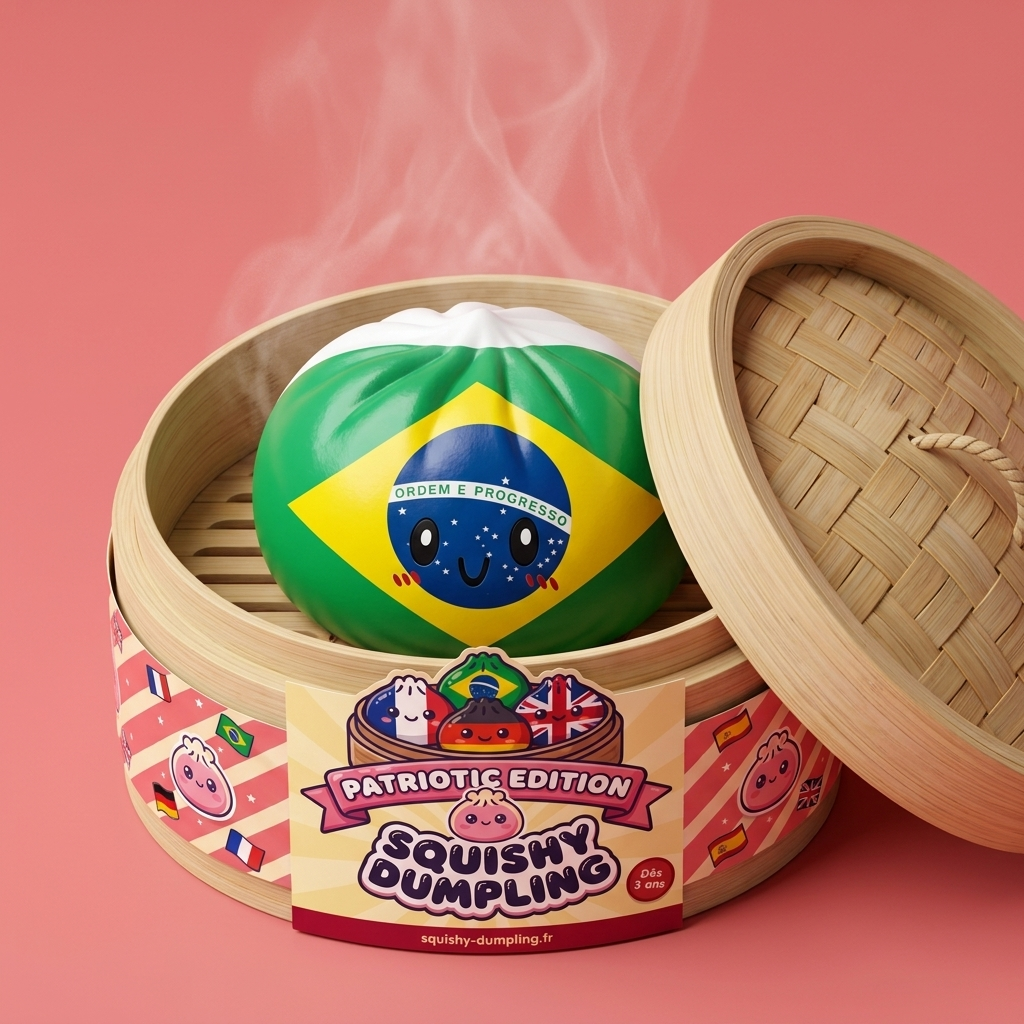 Dumpling Squishy Flag Brasilia bambutyylisessä höyrykorirasiassaan