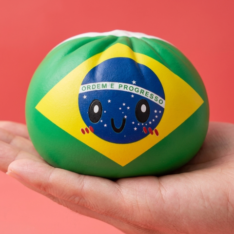 Dumpling Squishy Flag Brasilia kädessä, todellinen koko