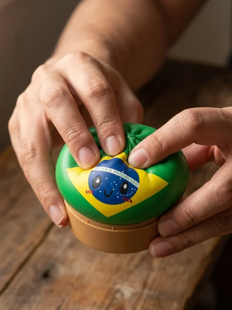 Dumpling Squishy Flag Brasilia sormien välissä — asiakaskuva