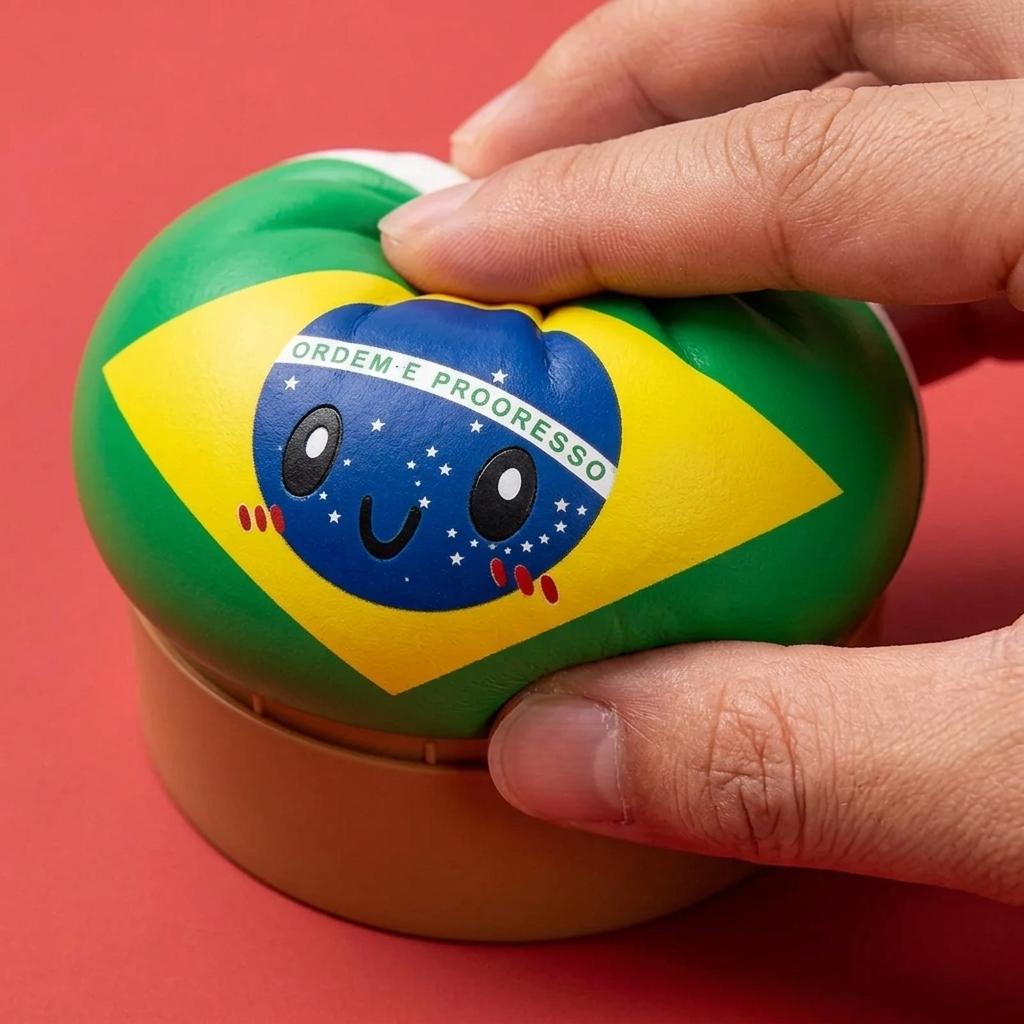 Dumpling Squishy Flag Brasilia puristettuna kädessä, squishy-materiaali