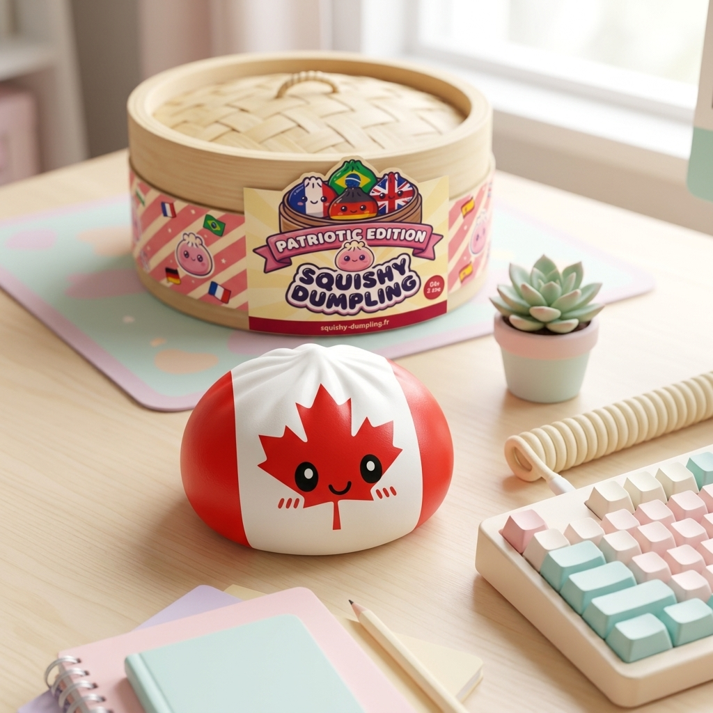 Flag Squishy Dumpling Kanada tunnelmakuvassa työpöydällä