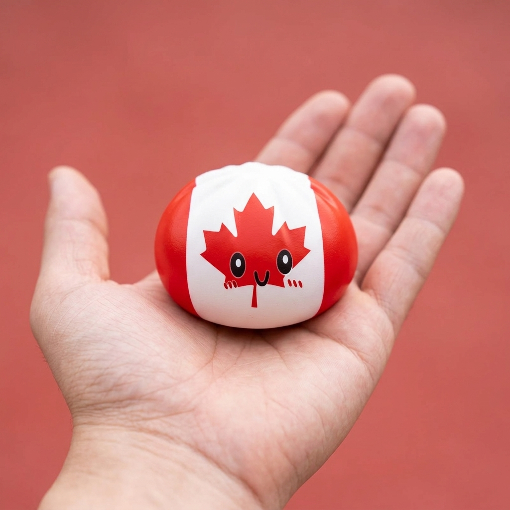 Flag Squishy Dumpling Kanada kädessä, todellinen koko