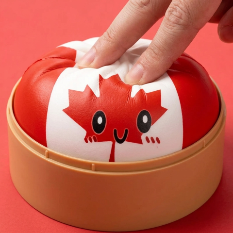 Flag Squishy Dumpling Kanada puristettuna kädessä, squishy-materiaali