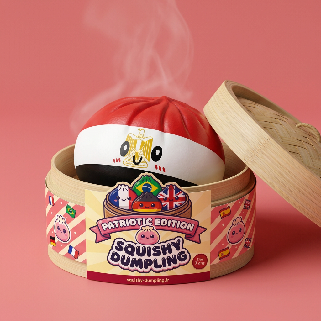 Flag Dumpling Squishy Egypti bambutyylisessä höyrykorirasiassaan