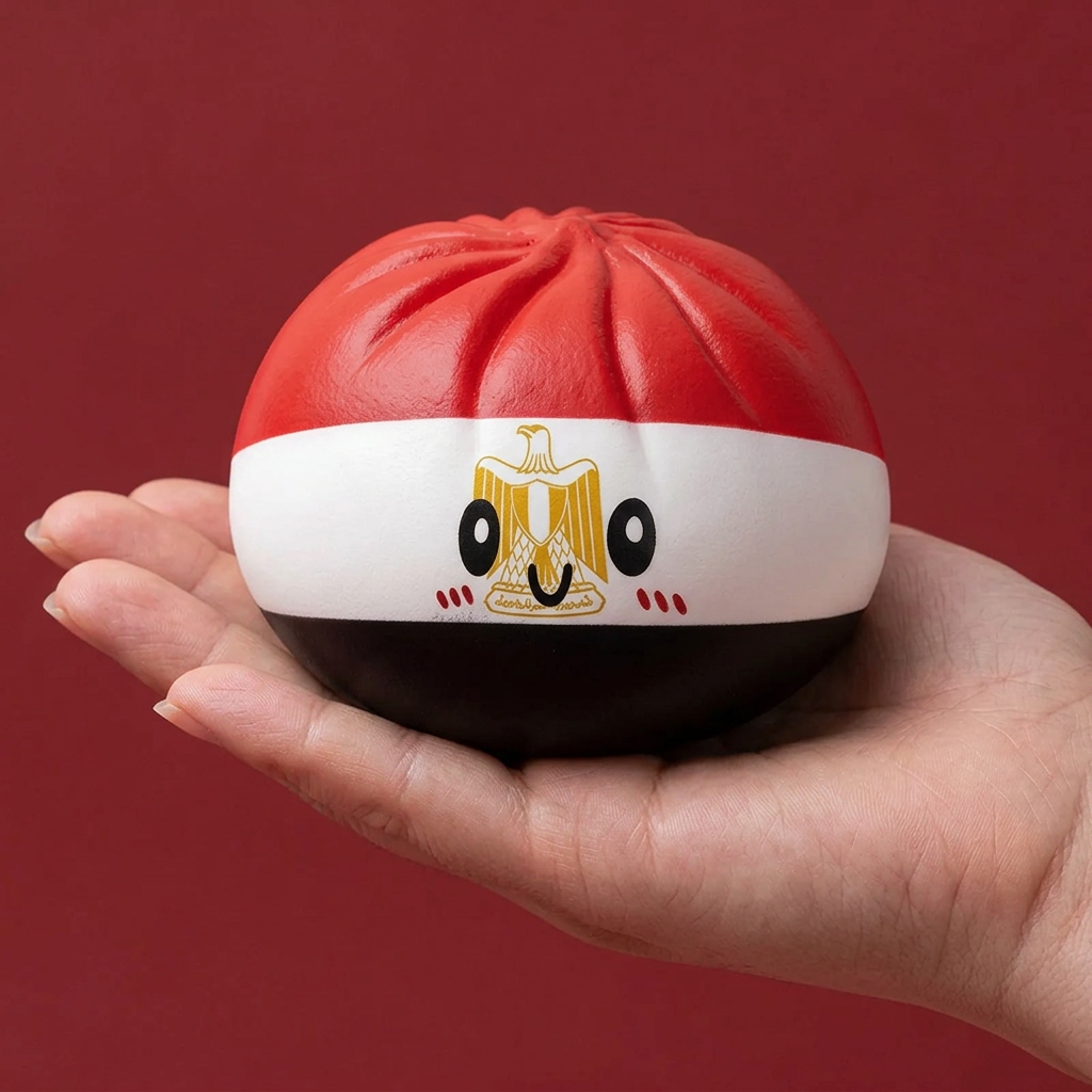 Flag Dumpling Squishy Egypti kädessä, todellinen koko