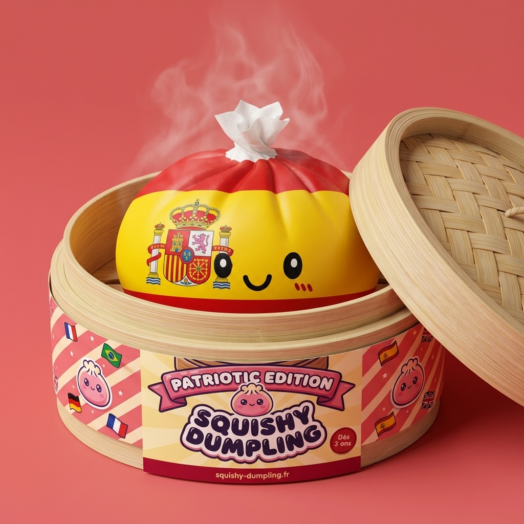 Squishy Flag Dumpling Espanja bambutyylisessä höyrykorirasiassaan