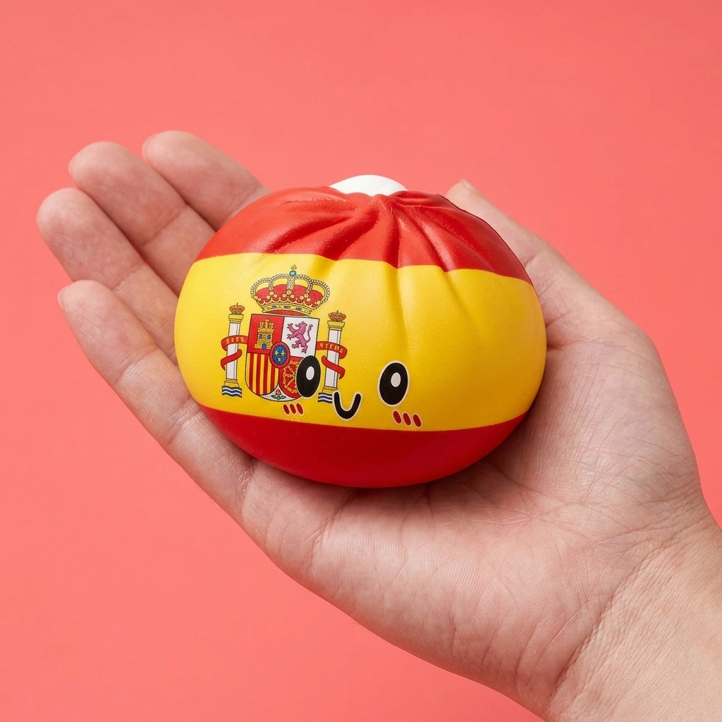 Squishy Flag Dumpling Espanja kädessä, todellinen koko