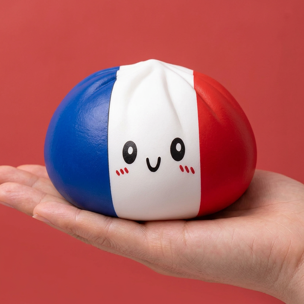 France Flag Squishy Dumpling Trikolori kädessä, todellinen koko