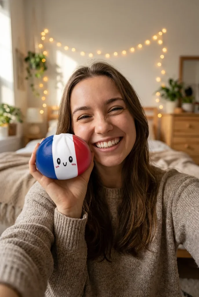 France Flag Squishy Dumpling Trikolori kasvojen lähellä — asiakaskuva