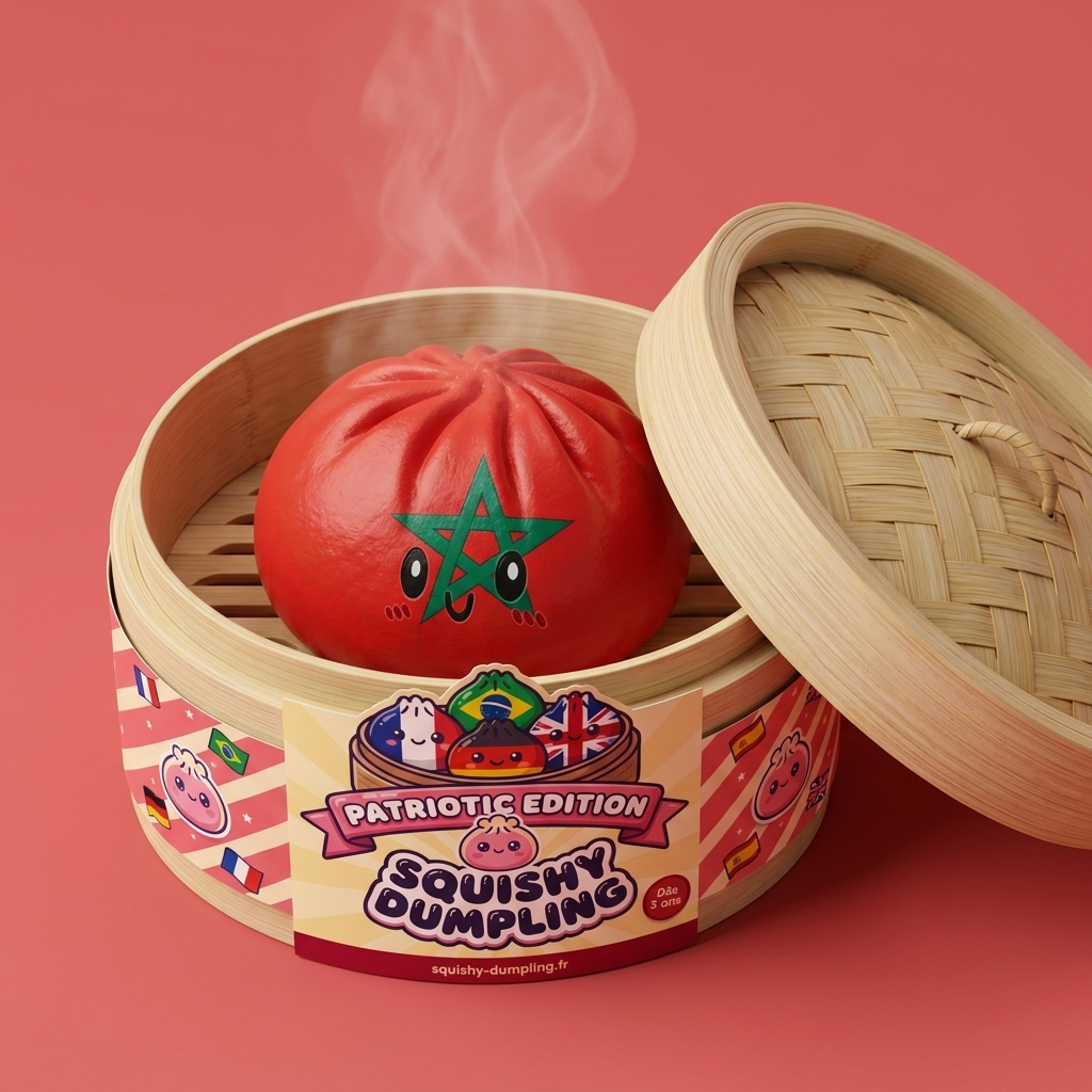 Flag Squishy Dumpling Marokko bambutyylisessä höyrykorirasiassaan