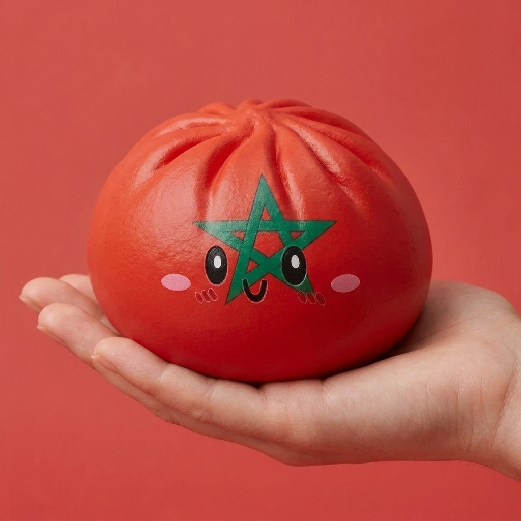 Flag Squishy Dumpling Marokko kädessä, todellinen koko