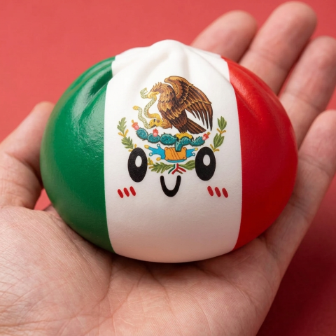 Flag Squishy Dumpling Meksiko kädessä, todellinen koko